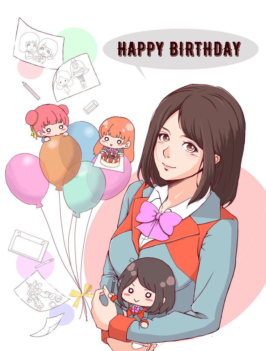 4girls :&gt; balloon birthday_cake blush_stickers brown_eyes brown_hair cake char_aznable chibi commentary_request double_bun drawing drawing_tablet eraser fa_yuiry food gundam happy_birthday highres lalah_sune mobile_suit_gundam multiple_girls orange_hair original pencil pink_hair quattro_vageena smile stylus teikoku_jokyoku zeta_gundam