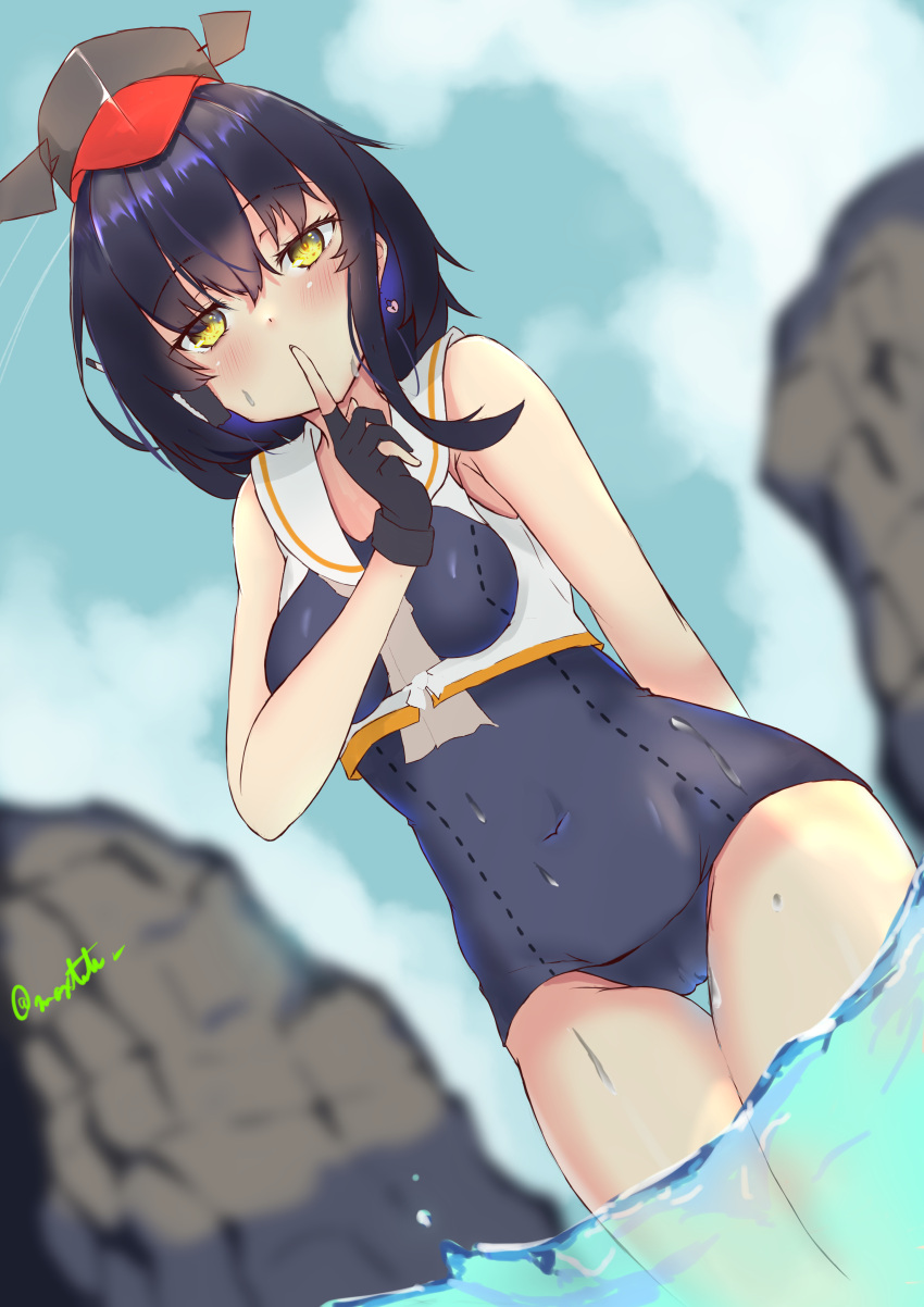 1girl absurdres asymmetrical_hair black_gloves black_hair black_swimsuit blue_sky blurry clouds commentary_request cowboy_shot day depth_of_field dutch_angle finger_to_mouth framed_breasts gloves hair_between_eyes hat highres i-13_(kancolle) kantai_collection one-hour_drawing_challenge outdoors partially_fingerless_gloves rock school_swimsuit school_uniform shinji_(xsinnzix) short_hair sky soaking_feet solo standing swimsuit thigh_gap tsurime twitter_username water yellow_eyes