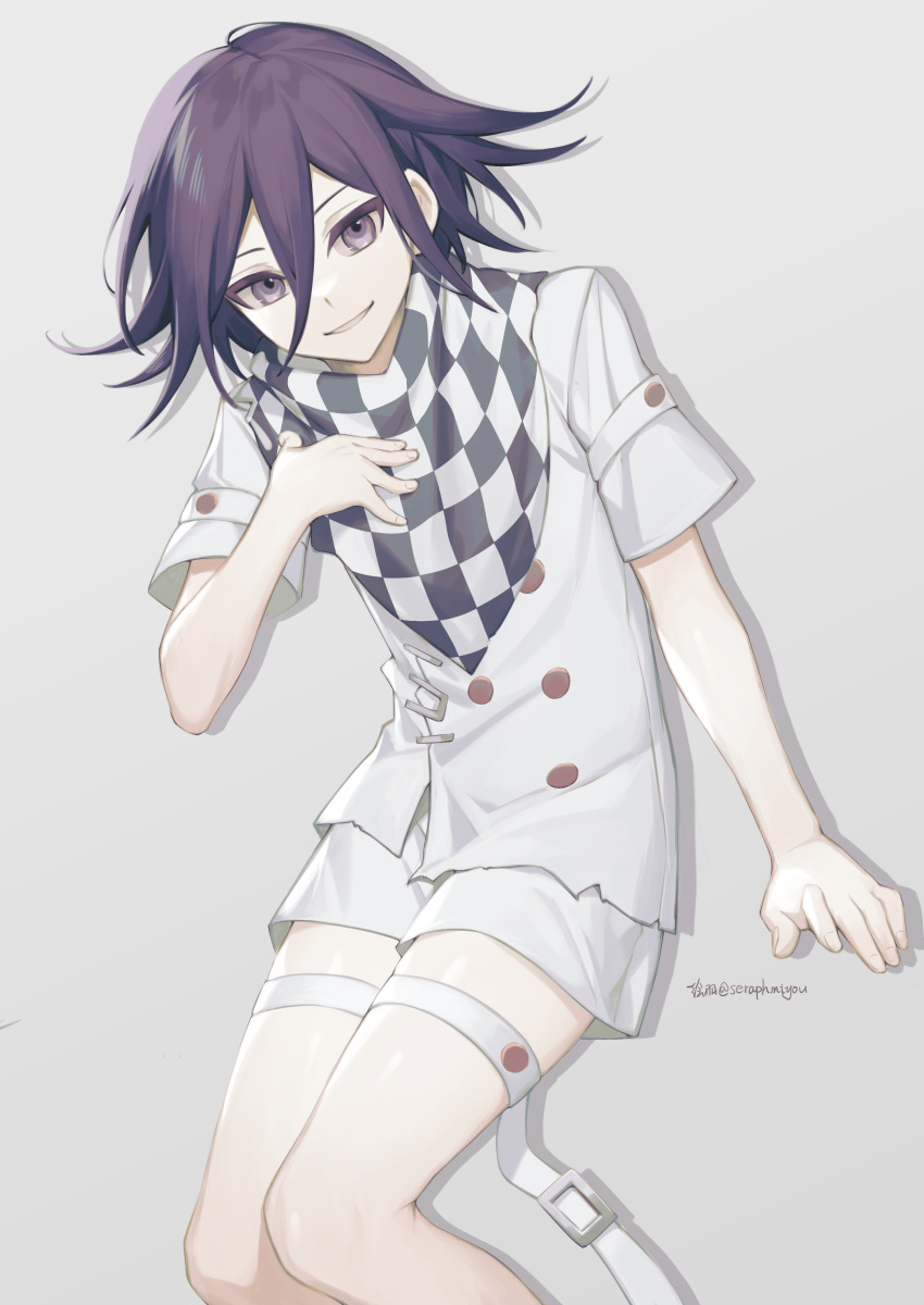 1boy absurdres bangs black_hair black_scarf buttons checkered checkered_neckwear checkered_scarf dangan_ronpa_(series) dangan_ronpa_v3:_killing_harmony ewa_(seraphhuiyu) feet_out_of_frame grey_background grey_scarf hair_between_eyes hand_up highres looking_at_viewer male_focus ouma_kokichi parted_lips purple_hair scarf shiny shiny_skin short_sleeves shorts simple_background smile solo symbol-only_commentary teeth thigh_strap twitter_username violet_eyes white_shorts