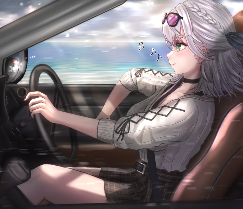 1girl black_choker black_skirt blue_ribbon braid breasts car choker closed_mouth commentary_request driving eyewear_on_head from_side green_eyes ground_vehicle hair_ribbon highres hololive medium_breasts motor_vehicle musical_note nori_55512 plaid plaid_skirt ribbed_sweater ribbon shirogane_noel silver_hair sitting skirt sleeves_past_elbows smile solo sunglasses sweater virtual_youtuber white_sweater
