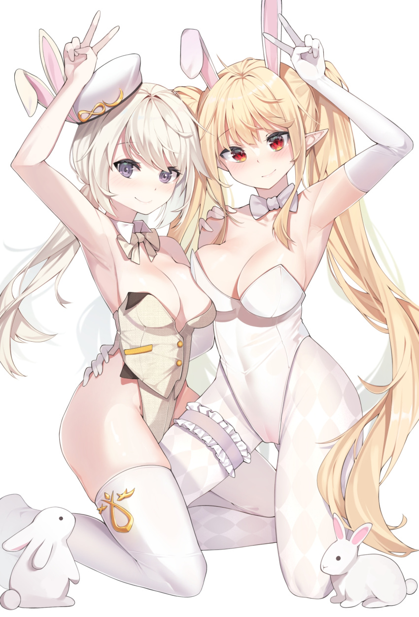 2girls absurdres animal_ears argyle argyle_legwear arm_around_waist arm_up armpits asymmetrical_docking bangs blonde_hair blush bow bowtie breast_press breasts chukibabo2 closed_mouth commentary_request commission detached_collar elbow_gloves fake_animal_ears gloves hand_on_another's_shoulder hand_up hat highres kneeling korean_commentary large_breasts leg_between_thighs leg_garter leotard long_hair looking_at_viewer medium_breasts multiple_girls original pantyhose rabbit rabbit_ears red_eyes simple_background thigh-highs twintails v very_long_hair violet_eyes white_background white_bow white_gloves white_hair white_headwear white_legwear white_leotard white_neckwear