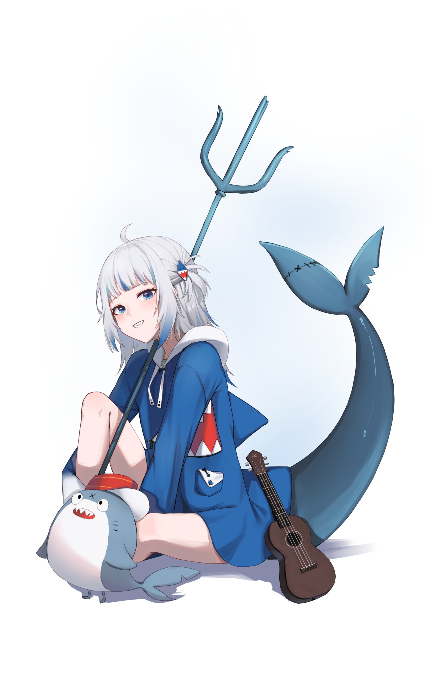 1girl absurdres bangs bloop_(gawr_gura) blue_eyes blue_hair blue_hoodie blunt_bangs fish_tail gawr_gura gnns grin hair_ornament highres hololive hololive_english hood hood_down hoodie instrument long_hair long_sleeves looking_at_viewer multicolored_hair polearm shark_girl shark_hair_ornament shark_tail sharp_teeth silver_hair simple_background sitting smile solo streaked_hair tail teeth trident two_side_up ukulele virtual_youtuber weapon white_background