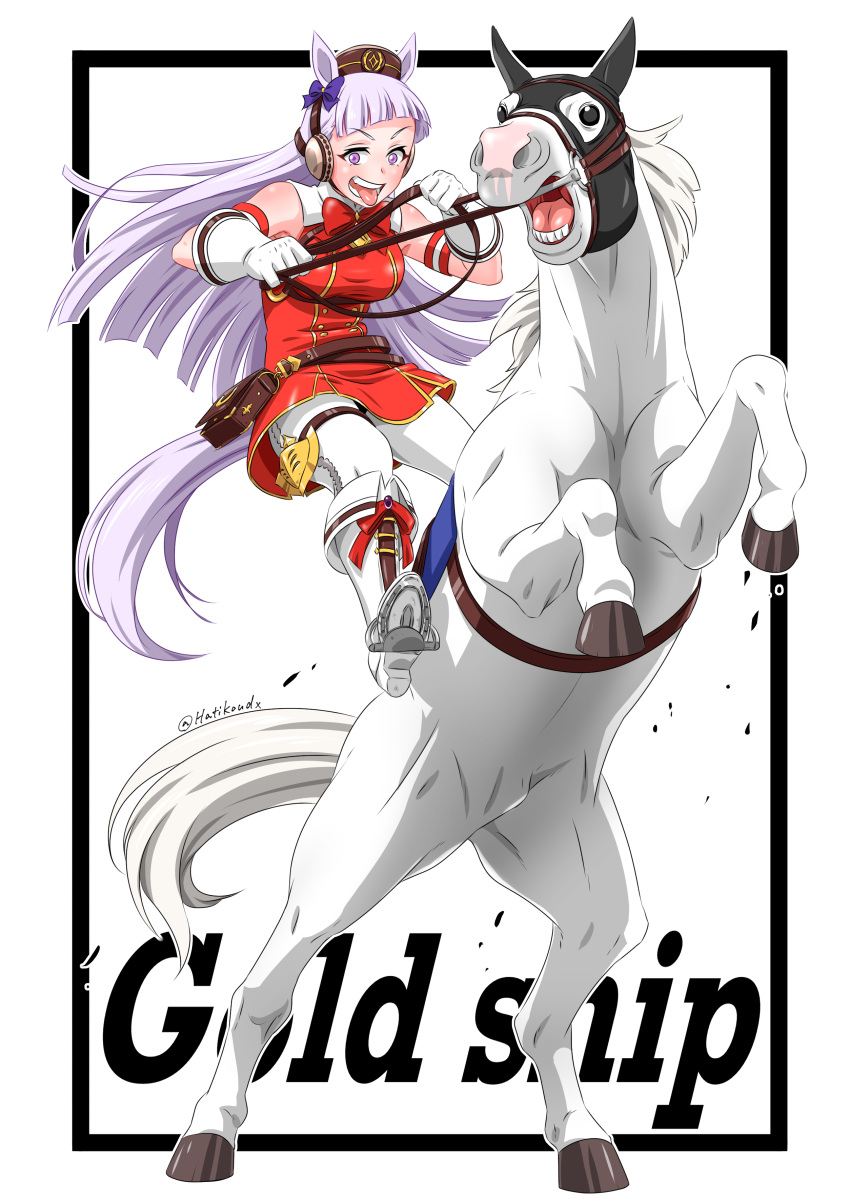 1girl 1other absurdres armband bangs bare_shoulders black_border blunt_bangs boots border buttons character_name creature_and_personification double-breasted english_text eyebrows_visible_through_hair gloves gold_ship_(racehorse) gold_ship_(umamusume) hachikou_p headgear highres holding holding_reins hood horse horse_tail horseback_riding knee_boots leather_belt light_purple_hair long_hair namesake outside_border pantyhose pillbox_hat real_life rearing reins riding saddle scene_reference solo stirrups tail thigh_strap tongue tongue_out umamusume violet_eyes white_footwear white_gloves white_legwear