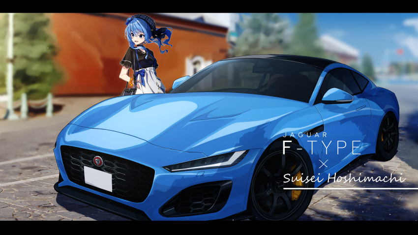 1girl absurdres alternate_costume bag bangs black_shirt blue_eyes blue_hair blurry bow car character_name choker cobblestone commentary_request depth_of_field eyebrows_visible_through_hair ground_vehicle hair_between_eyes hand_on_hip hat high-waist_skirt highres hololive hoshimachi_suisei jaguar_(car) jewelry letterboxed long_hair motor_vehicle necklace open_mouth outdoors plaid shirt short_sleeves shoulder_bag side_ponytail sidelocks skirt smile solo standing suspenders vehicle_focus virtual_youtuber white_skirt you'a