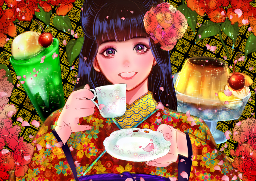 1girl bangs black_hair blunt_bangs cherry_blossoms cup dessert face flower food grin hair_flower hair_ornament holding holding_cup japanese_clothes kimono looking_at_viewer nyamunekonabe original petals plate print_kimono pudding saucer seigaiha smile solo teacup