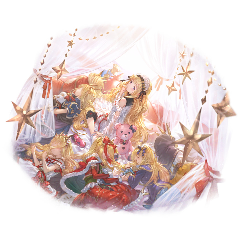 1girl 6+girls bag bare_shoulders bed black_ribbon blanket blonde_hair blue_skirt book breasts cagliostro_(granblue_fantasy) commentary_request dragon dress flower frilled_dress frills from_behind granblue_fantasy hair_flower hair_ornament hair_ribbon hairband handbag lolita_hairband long_hair long_sleeves looking_at_viewer multiple_girls official_art open_mouth red_dress red_ribbon ribbon rose simple_background skirt smile star_(symbol) star_hair_ornament stuffed_animal stuffed_toy teddy_bear transparent_background violet_eyes white_dress