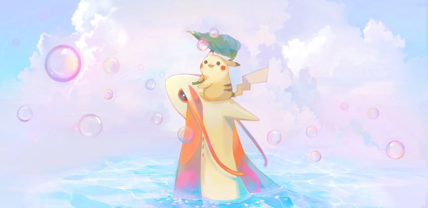 bubble clouds day gen_1_pokemon gen_3_pokemon gigigimimi highres holding holding_leaf leaf looking_up milotic no_humans open_mouth outdoors pikachu pokemon pokemon_(creature) sky smile water
