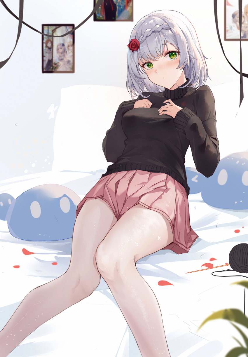 1girl absurdres bangs bare_legs black_sweater blurry blurry_foreground blush braid breasts chinese_commentary closed_mouth commentary_request eyebrows_visible_through_hair feet_out_of_frame flower genshin_impact green_eyes hair_flower hair_ornament hands_on_own_chest highres knees_together_feet_apart long_sleeves looking_at_viewer medium_breasts medium_hair miniskirt noelle_(genshin_impact) on_bed petals photo_(object) pink_skirt pleated_skirt red_flower red_rose rose silver_hair sitting skirt slime_(genshin_impact) solo sweater yajuu yarn yarn_ball