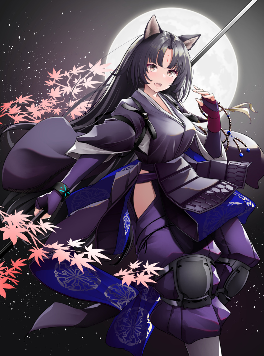 1girl :d animal_ears arknights autumn_leaves backlighting bangs black_hair breasts brown_eyes commentary_request dark_background dog_ears elbow_gloves feet_out_of_frame fingerless_gloves full_moon gloves highres hip_vent holding holding_weapon infection_monitor_(arknights) japanese_clothes kimono kirigakure_(kirigakure_tantei_jimusho) knee_pads large_breasts leaf long_hair long_sleeves looking_at_viewer maple_leaf moon open_mouth pants parted_bangs purple_gloves purple_kimono purple_pants saga_(arknights) smile solo tasuki very_long_hair weapon