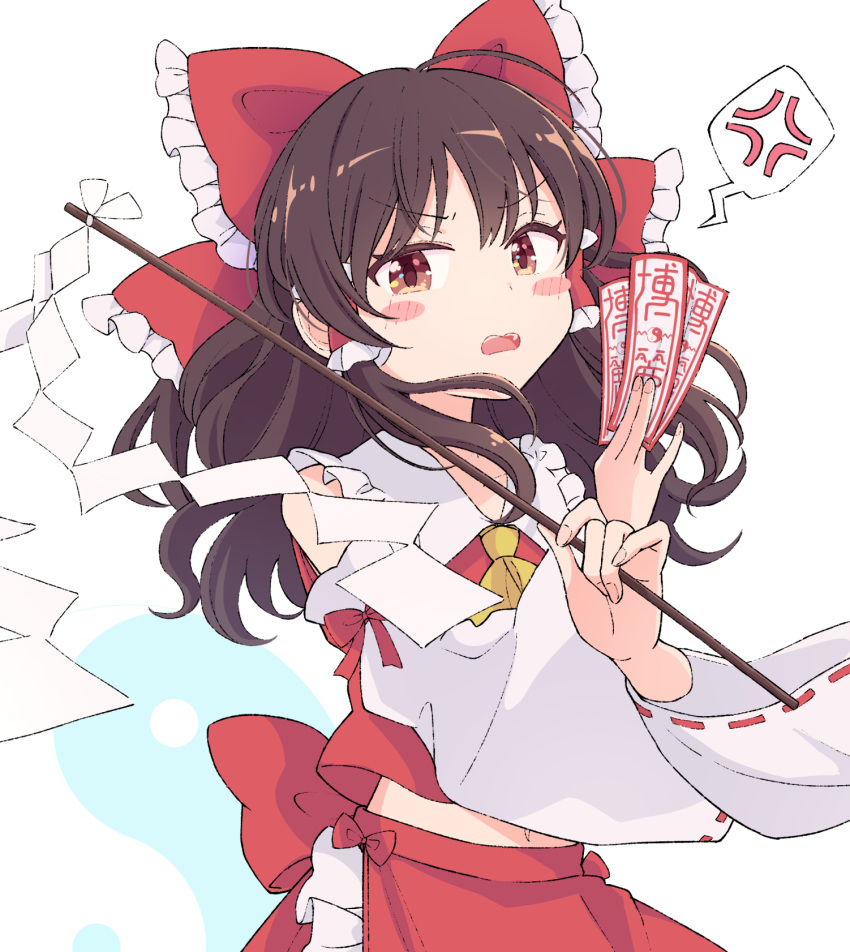 1girl anger_vein arms_up ascot bangs bare_shoulders blush bow brown_eyes brown_hair clothing_cutout collared_shirt detached_sleeves eyebrows_visible_through_hair fang frilled_bow frilled_shirt_collar frilled_skirt frills gohei hair_bow hair_tubes hakurei_reimu haruki_reimari highres holding long_hair long_sleeves looking_at_viewer navel_cutout ofuda open_mouth red_bow red_shirt red_skirt ribbon ribbon-trimmed_sleeves ribbon_trim shirt sidelocks simple_background skirt solo speech_bubble touhou white_background wide_sleeves yellow_neckwear yin_yang
