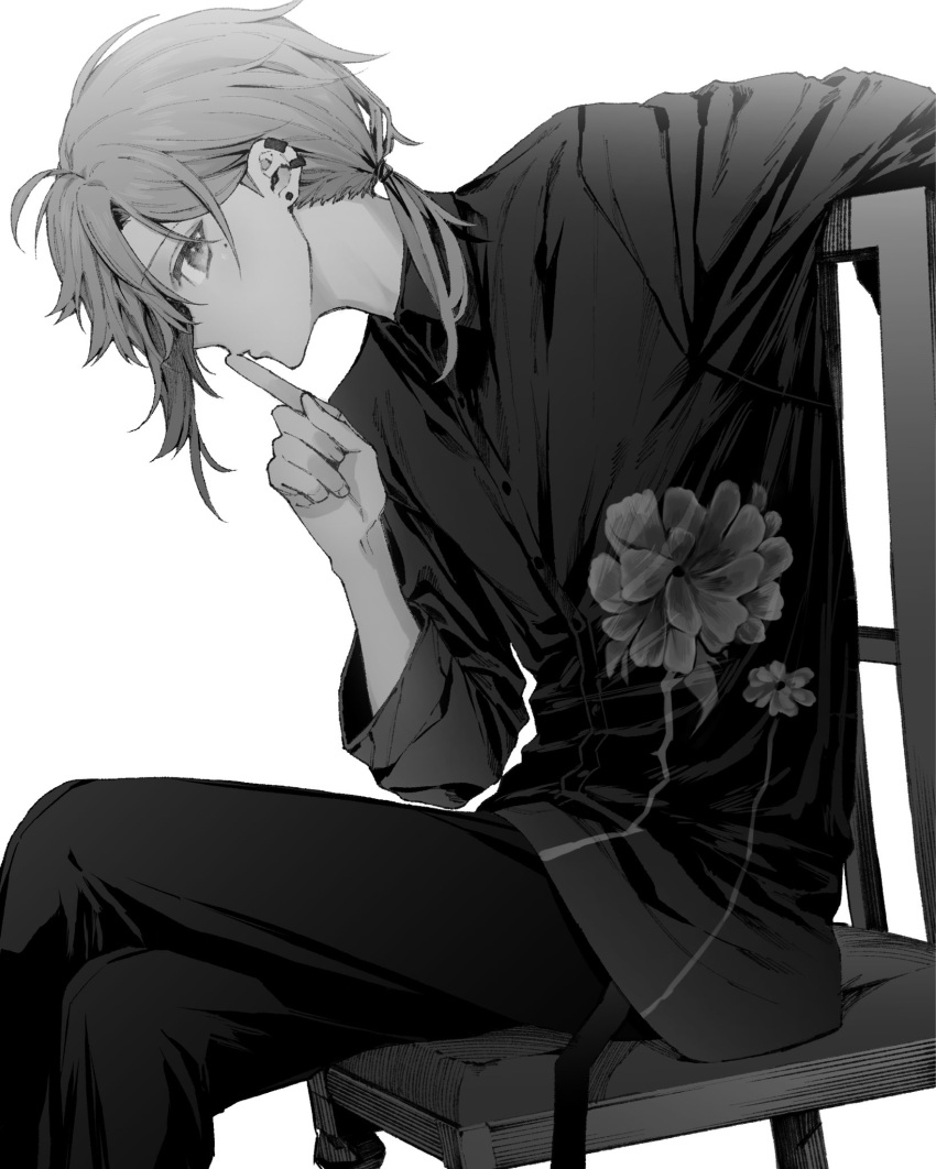 1boy bangs chair crossed_legs ear_piercing finger_to_mouth floral_print greyscale highres index_finger_raised jewelry kanae_(nijisanji) looking_at_viewer low_ponytail maki_keigo male_focus mole mole_under_eye monochrome nijisanji pants piercing ponytail profile shirt simple_background sitting solo virtual_youtuber
