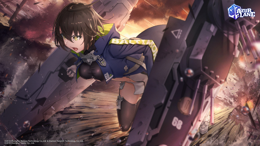 1girl artillery azur_lane baltimore_(azur_lane) blue_jacket breasts brown_hair brown_legwear clothing_cutout eito_nishikawa explosion garter_straps gloves highres holding holding_weapon jacket leaning_forward medium_breasts medium_hair open_mouth rigging solo thigh-highs turret under_boob underboob_cutout weapon white_gloves yellow_eyes