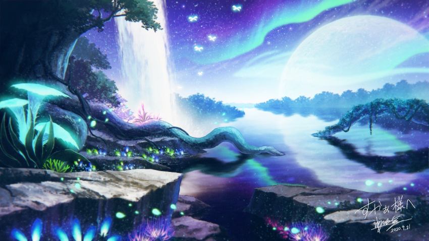 aurora blue_theme bug commentary_request commission dated flower horizon insect kaminaga_mutsumi lake making-of_available moon multiple_sources nature night night_sky no_humans original outdoors photoshop_(medium) plant purple_flower reflection rock roots scenery signature skeb_commission sky star_(sky) starry_sky tree vines water waterfall