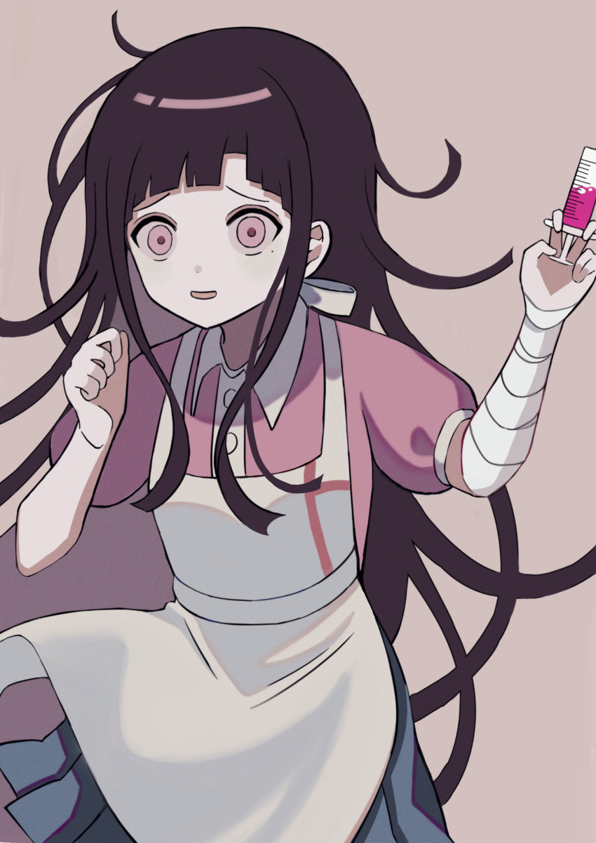 1girl absurdres apron bandaged_arm bandages bangs black_hair blood brown_background collared_shirt commentary_request cowboy_shot dangan_ronpa_(series) dangan_ronpa_2:_goodbye_despair dress_shirt green_skirt hands_up highres holding holding_syringe long_hair messy_hair mole mole_under_eye nk_(dzzx8334) open_mouth pale_skin pink_blood pink_eyes pink_shirt pleated_skirt puffy_short_sleeves puffy_sleeves purple_hair shiny shiny_hair shirt short_sleeves simple_background skirt solo syringe tsumiki_mikan white_apron