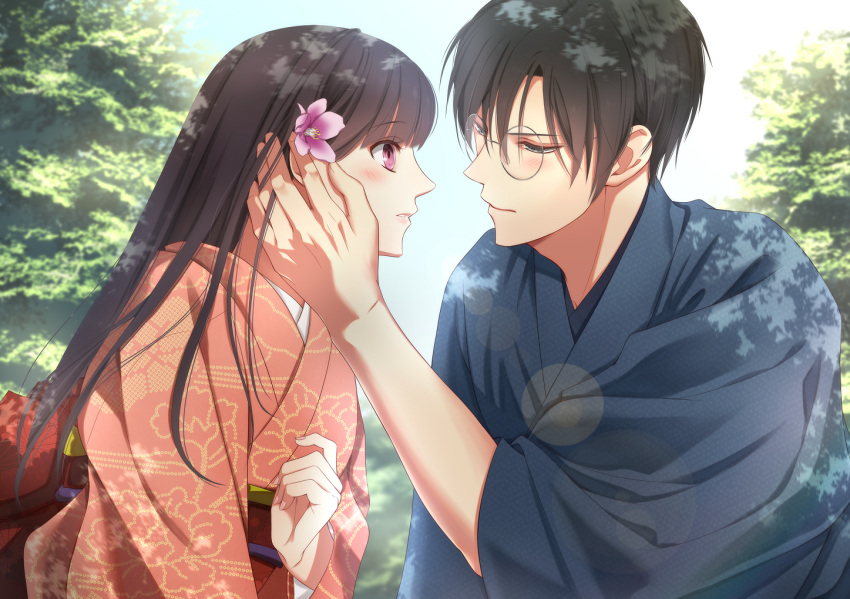 bangs black_hair blurry blurry_background couple day eye_contact flower hair_between_eyes hair_flower hair_ornament hetero izumi_(stardustalone) japanese_clothes kimono lens_flare long_hair looking_at_another obi original outdoors profile sash smile unmoving_pattern violet_eyes