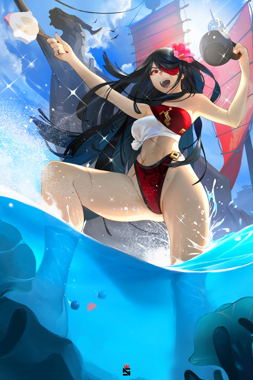 1girl armpits artist_logo bare_legs bare_shoulders barefoot beidou_(genshin_impact) bird black_hair blue_sky breasts clouds cup eyepatch food from_below full_body genshin_impact hair_over_one_eye highres holding holding_cup holding_food long_hair looking_at_viewer looking_down medium_breasts mole navel nikusenpai one_eye_covered open_mouth outdoors paimon_(genshin_impact) partially_submerged partially_underwater_shot popsicle red_eyepatch red_eyes scar scar_on_chest scar_on_leg scar_on_stomach see-through ship shirt sky solo sparkle splashing standing sunlight swimsuit tied_shirt water watercraft white_shirt