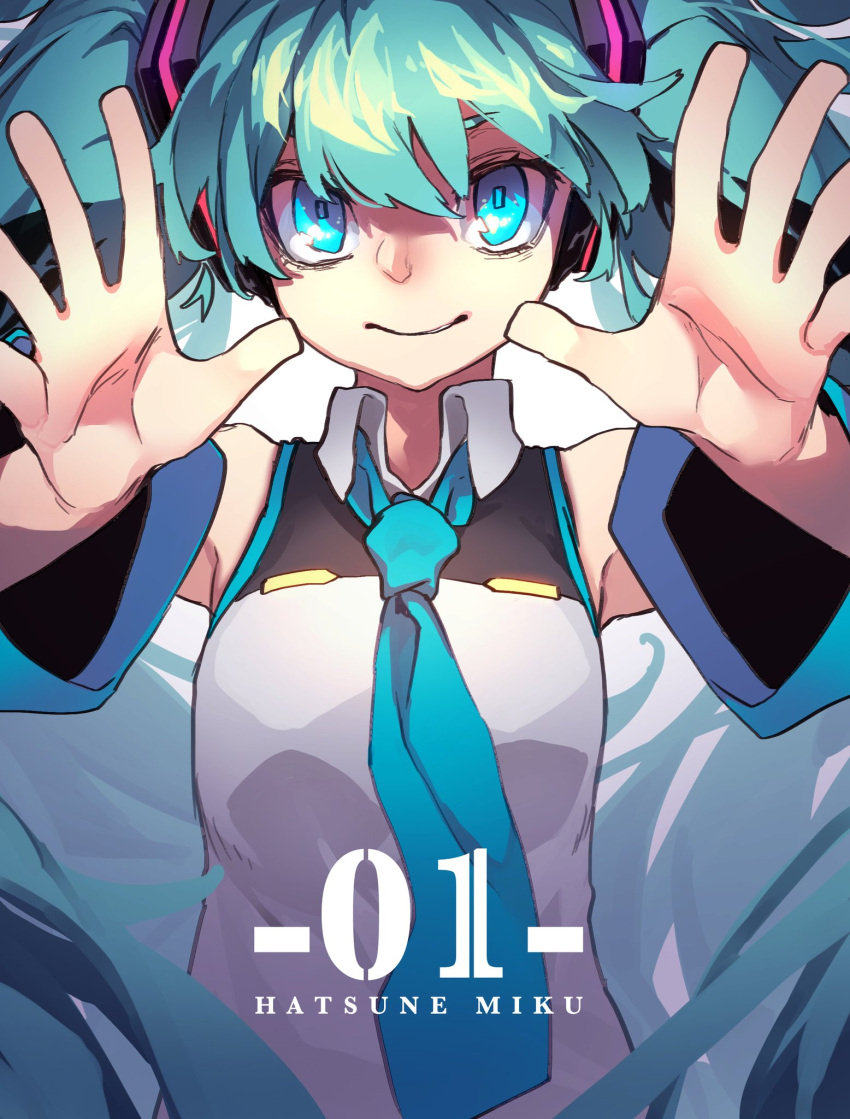 1girl blue_eyes blue_hair blue_neckwear character_name detached_sleeves hair_between_eyes hands_up hatsune_miku highres long_sleeves looking_at_viewer necktie parted_lips reiga_(act000) sanpaku smile solo twintails upper_body vocaloid
