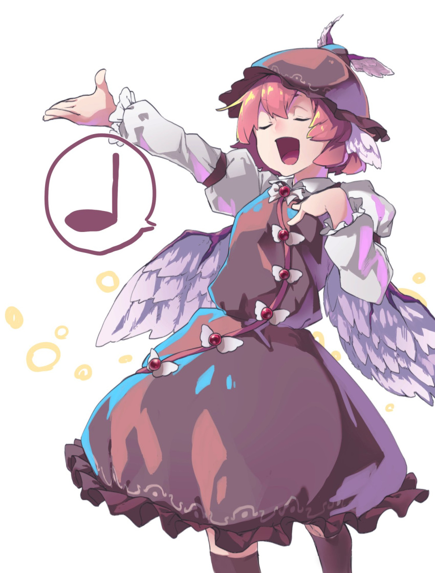 1girl :d bird_wings brown_skirt brown_vest closed_eyes cowboy_shot facing_viewer hand_on_own_chest hand_up hat highres juliet_sleeves long_sleeves musical_note mystia_lorelei open_mouth outstretched_arm puffy_sleeves redhead reiga_(act000) shirt short_hair skirt smile solo spoken_musical_note standing touhou vest white_background wings