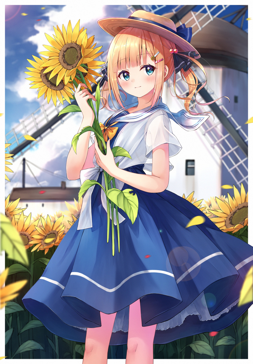 1girl absurdres bangs blonde_hair blue_dress blue_eyes blush borrowed_character bow brown_headwear closed_mouth commentary dress enuni eyebrows_visible_through_hair field flower flower_field hair_ornament hairclip hat highres holding holding_flower hoshino_sora_(n2) huge_filesize original pleated_dress sailor_collar sailor_dress see-through see-through_sleeves shirt short_sleeves smile solo sunflower symbol-only_commentary twintails white_sailor_collar white_shirt windmill yellow_bow yellow_flower