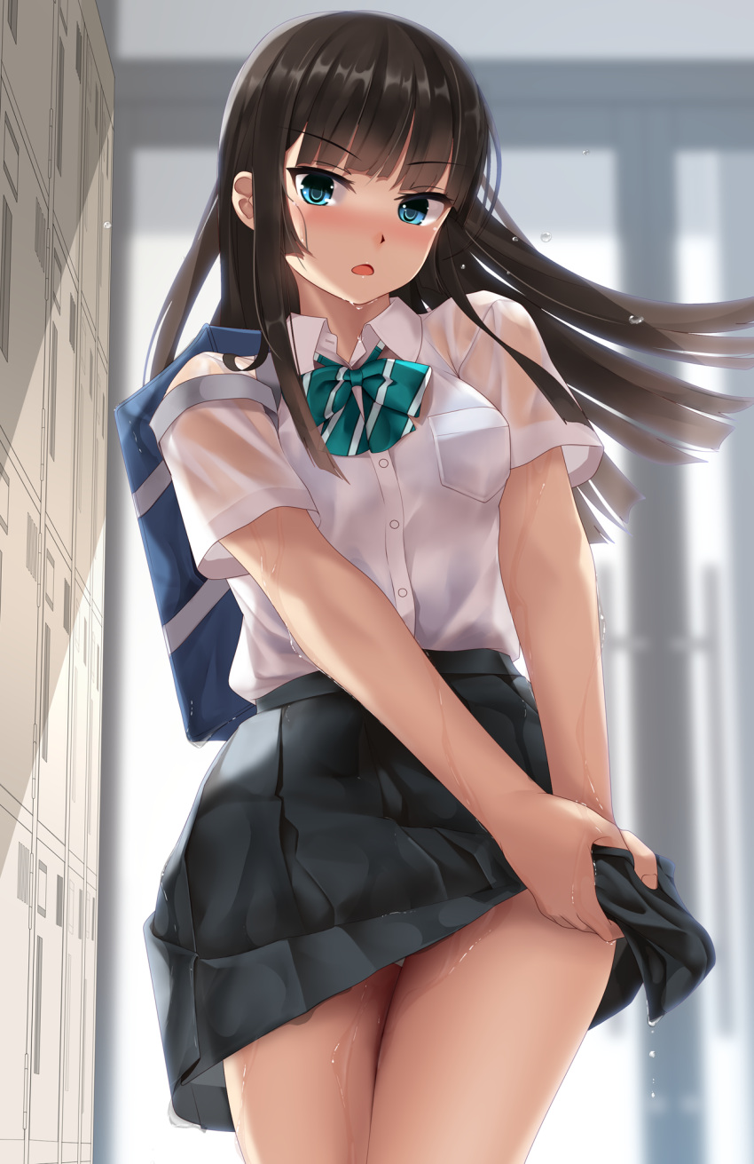 1girl bangs black_hair black_skirt blue_eyes blunt_bangs blurry blurry_background commentary_request cowboy_shot door eto eyebrows_visible_through_hair green_neckwear highres hime_cut indoors locker long_hair looking_at_viewer open_mouth original pleated_skirt see-through shirt short_sleeves sidelocks skirt solo standing thighs uniform wet wet_clothes white_shirt wringing_clothes wringing_skirt