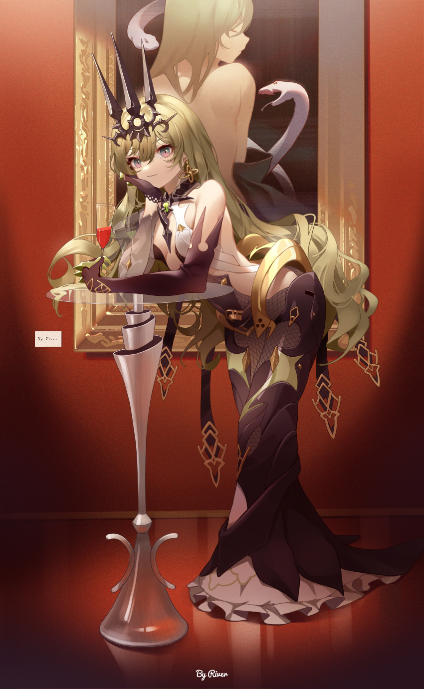 1girl absurdres alcohol bangs bare_shoulders black_dress black_gloves character_sheet closed_mouth commentary crown cup dress earrings elbow_gloves formal full_body gloves green_hair grey_eyes hair_between_eyes hand_on_own_cheek hand_on_own_face highres holding holding_cup honkai_(series) honkai_impact_3rd huge_filesize indoors jewelry leaning_forward long_hair looking_at_viewer mobius_(honkai_impact) portrait portrait_(object) river_(river_ga) smile snake standing table wine