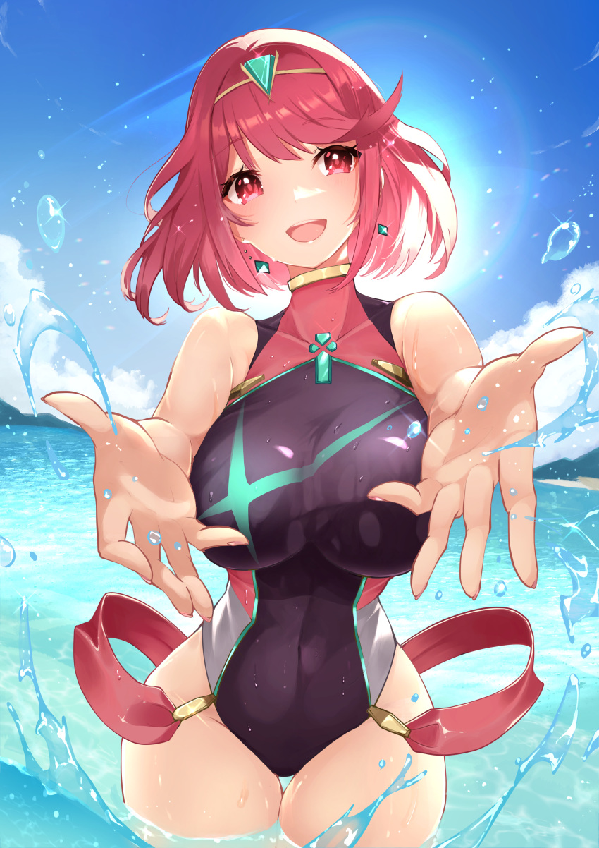 1girl absurdres bangs black_swimsuit breasts chest_jewel competition_swimsuit highres large_breasts one-piece_swimsuit pyra_(pro_swimmer)_(xenoblade) pyra_(xenoblade) red_eyes red_swimsuit redhead risumi_(taka-fallcherryblossom) short_hair solo swept_bangs swimsuit two-tone_swimsuit xenoblade_chronicles_(series) xenoblade_chronicles_2