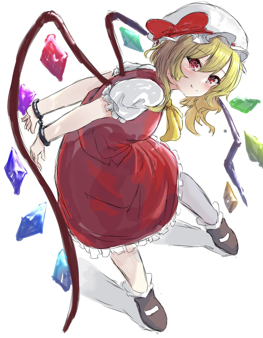 1girl absurdres arms_behind_back ascot bangs blonde_hair blush bobby_socks bow breasts closed_mouth commentary_request crystal cuffed cuffs eyebrows_visible_through_hair fang fang_out flandre_scarlet full_body hair_between_eyes handcuffs hat hat_bow highres leaning_forward looking_at_viewer mary_janes medium_breasts mob_cap one_side_up puffy_short_sleeves puffy_sleeves red_bow red_eyes red_skirt red_vest shoes short_sleeves simple_background sketch skirt smile socks solo standing tazrn1 touhou vest white_background white_headwear wings yellow_neckwear