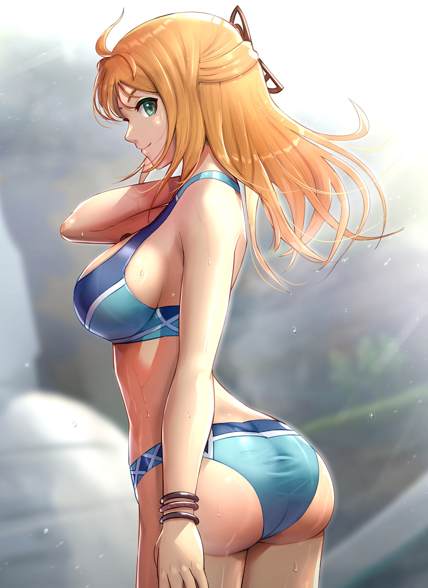 1girl absurdres ahoge arm_at_side ass bare_arms bare_shoulders bikini blonde_hair blue_bikini bracelet breasts closed_mouth cowboy_shot cute day duplicate fiora_(xenoblade) from_behind gonzarez green_eyes hair_ornament highres jewelry large_breasts light_rays long_hair looking_at_viewer looking_back monolith_soft nintendo outdoors pixel-perfect_duplicate sideboob smile solo sunbeam sunlight swimsuit wet xenoblade_chronicles xenoblade_chronicles_(series)