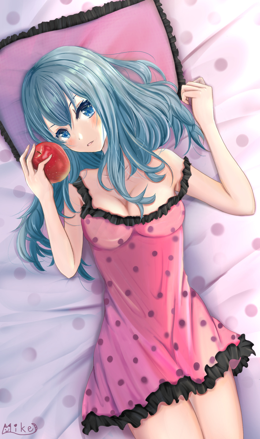 1girl apple aqua_eyes aqua_hair blush breasts commentary cowboy_shot dress food frilled_dress frills from_above fruit hatsune_miku head_tilt highres holding holding_food holding_fruit lingerie long_hair looking_at_viewer lying medium_breasts mike81277424 on_back parted_lips pillow pink_dress polka_dot polka_dot_blanket polka_dot_dress romeo_to_cinderella_(vocaloid) skinny solo underwear vocaloid