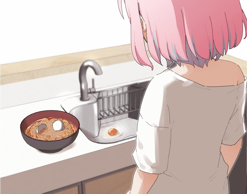 1girl bare_shoulders blue_hair blurry blurry_background bowl commentary_request cracked_egg depth_of_field egg eggshell facing_away faucet food highres idolmaster idolmaster_cinderella_girls indoors multicolored_hair noodles off_shoulder pink_hair shirt short_sleeves sink solo streaked_hair white_shirt you're_doing_it_wrong yukie_(kusaka_shi) yumemi_riamu