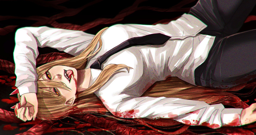 1girl black_neckwear black_pants blonde_hair blood blood_on_clothes blood_on_face blood_on_hands chainsaw_man from_side half-closed_eyes hand_up highres horns hoshi_san_3 long_hair long_sleeves looking_at_viewer looking_to_the_side lying necktie on_back orange_eyes pants power_(chainsaw_man) shirt smile solo tongue tongue_out very_long_hair white_shirt