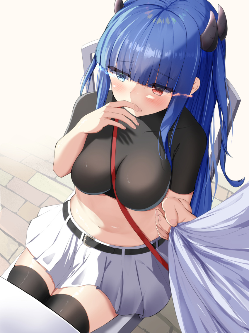 1girl azur_lane bangs between_breasts black_legwear black_shirt blue_eyes blue_hair blunt_bangs blush breasts brick_floor casual character_name commentary covering_mouth cowboy_shot crop_top eyebrows_visible_through_hair firin glowing glowing_eyes hand_up heterochromia highres horns ibuki_(azur_lane) impossible_clothes impossible_shirt large_breasts long_hair looking_away midriff navel pleated_skirt red_eyes shadow shirt shirt_tug short_sleeves sidelocks simple_background skirt solo_focus standing strap_between_breasts t-shirt table thigh-highs white_background white_shirt zettai_ryouiki