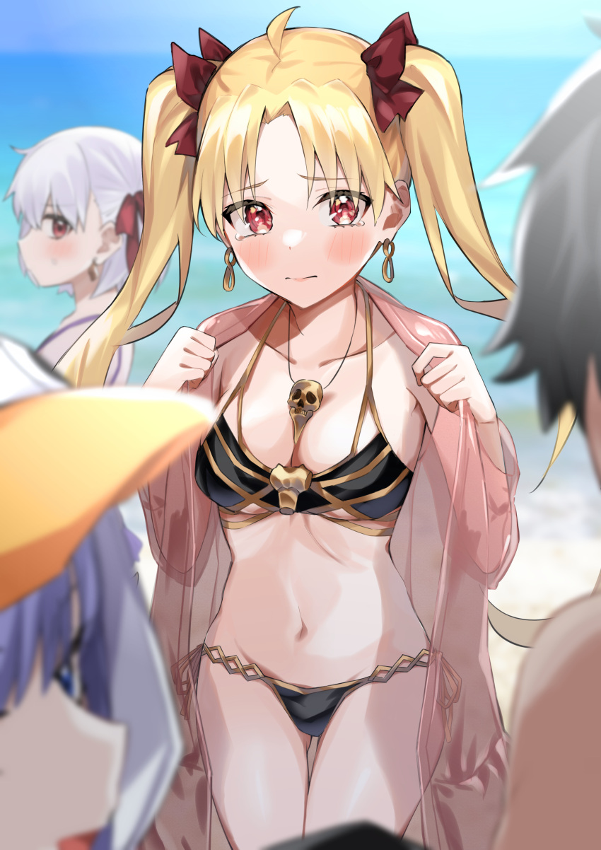 1boy 3girls absurdres ahoge bangs bikini black_hair blonde_hair blurry blurry_background blurry_foreground blush bow breasts collarbone commentary_request cowboy_shot depth_of_field earrings ereshkigal_(fate) fate/grand_order fate_(series) fujimaru_ritsuka_(male) hair_bow highres itame_moyashi jewelry kama_(fate) large_breasts long_hair looking_at_viewer meltryllis_(fate) multiple_girls navel ocean profile red_bow red_eyes shiny shiny_hair short_hair side-tie_bikini silver_hair skull_necklace summer swimsuit tearing_up twintails
