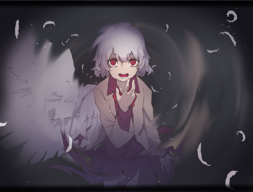 1girl bright_pupils brown_jacket cowboy_shot dress grey_background hand_up highres jacket kishin_sagume letterboxed long_sleeves looking_at_viewer medium_hair open_mouth red_dress red_eyes reiga_(act000) sanpaku single_wing solo standing touhou white_pupils wings