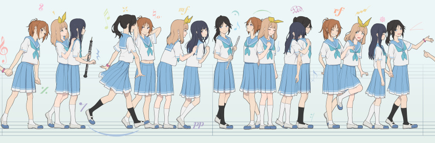 4girls bangs black_hair black_legwear blonde_hair blue_eyes blue_hair blue_neckwear blue_sailor_collar blue_skirt blush bow brown_hair closed_eyes closed_mouth embarrassed expressionless flute green_eyes hair_bow hand_on_another's_shoulder hand_up hibike!_euphonium highres holding holding_hands holding_instrument hug hug_from_behind instrument kasaki_nozomi kitauji_high_school_uniform koubakotone liz_to_aoi_tori long_hair looking_at_another looking_up multiple_girls multiple_views nakagawa_natsuki neckerchief oboe open_mouth pleated_skirt ponytail red_eyes sailor_collar school_uniform serafuku shirt shoes short_sleeves skirt smile socks standing uwabaki violet_eyes watch white_footwear white_legwear white_shirt yellow_bow yoroizuka_mizore yoshikawa_yuuko