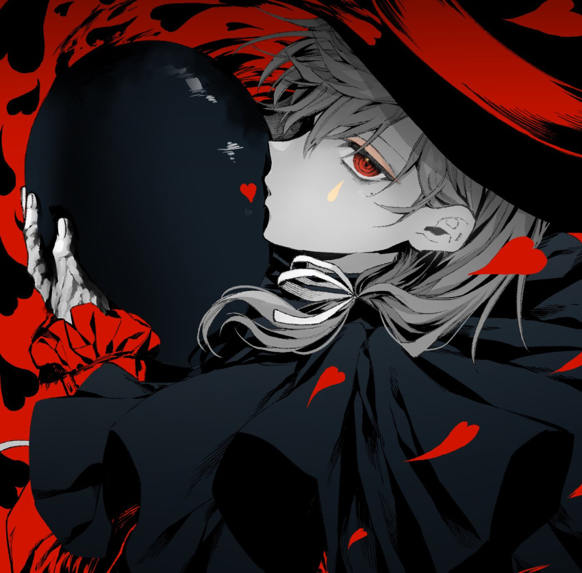 1boy alternate_costume bangs frills greyscale hair_between_eyes hair_ribbon hat heart highres kanae_(nijisanji) long_sleeves looking_at_viewer maki_keigo male_focus mannequin mole mole_under_eye monochrome nijisanji ponytail profile puckered_lips ribbon solo spot_color upper_body virtual_youtuber