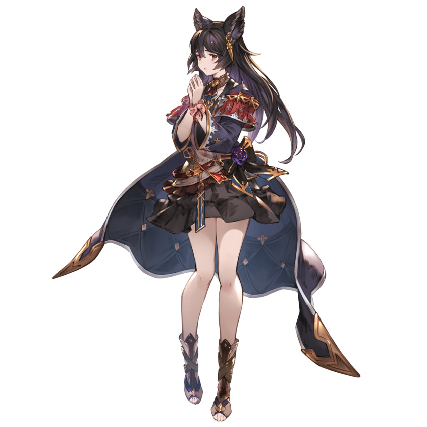 1girl animal_ears bare_legs black_hair black_skirt bow cape ear_piercing erune granblue_fantasy hands_together jewelry long_sleeves looking_at_viewer nier_(granblue_fantasy) official_art pendant piercing red_eyes skirt solo transparent_background