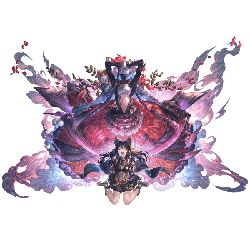 1girl 2girls animal_ears bangs bare_legs black_hair black_skirt bow breasts cape death_(granblue_fantasy) dress ear_piercing earrings erune flower granblue_fantasy hands_together jewelry long_hair long_sleeves looking_at_viewer mask multiple_girls nier_(granblue_fantasy) official_art pendant petals piercing red_eyes skirt tears transparent_background