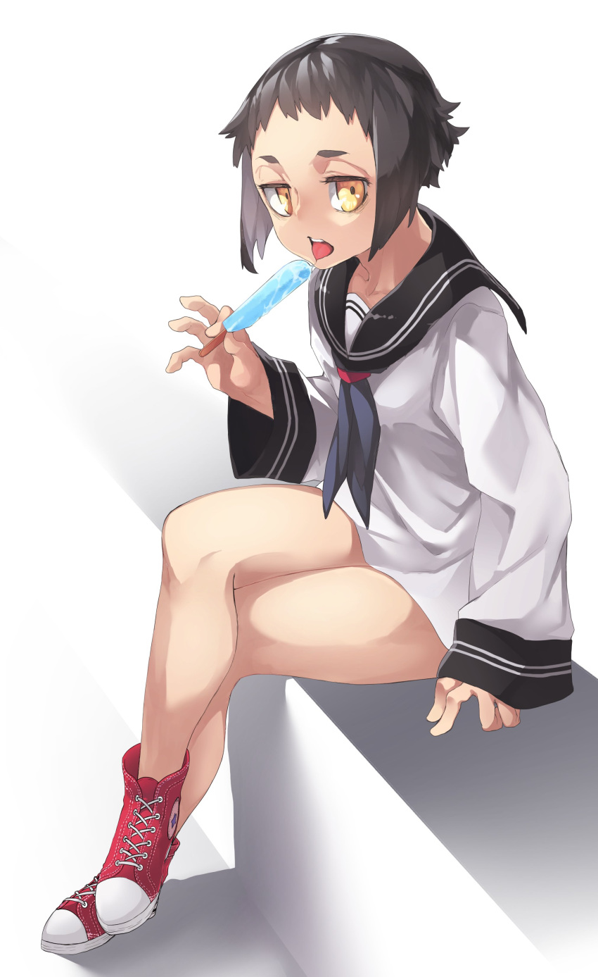 1girl absurdres black_sailor_collar blue_neckwear copyright_request crossed_legs food highres holding long_sleeves looking_at_viewer neckerchief open_mouth popsicle red_footwear reiga_(act000) sailor_collar school_uniform serafuku shirt shoes short_hair sitting sneakers solo tongue tongue_out white_shirt yellow_eyes