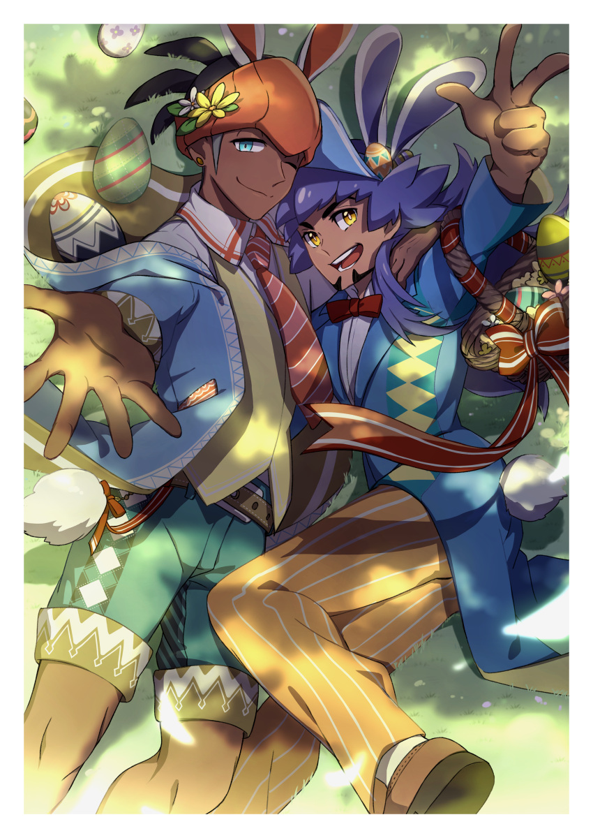 2boys absurdres animal_ears arm_up bangs black_hair border bow bowtie closed_mouth collared_shirt commentary_request dark-skinned_male dark_skin day earrings egg facial_hair from_above grass green_shorts highres jewelry knees leon_(pokemon) long_hair lying male_focus multiple_boys necktie open_mouth orange_headwear orange_neckwear orange_pants outdoors pants pokemon pokemon_(game) pokemon_swsh purple_hair rabbit_ears raihan_(pokemon) red_neckwear shirt short_hair shorts smile spread_fingers striped tailcoat teeth tongue undercut vertical-striped_pants vertical_stripes vest w white_border white_shirt yellow_eyes yellow_vest yunoru
