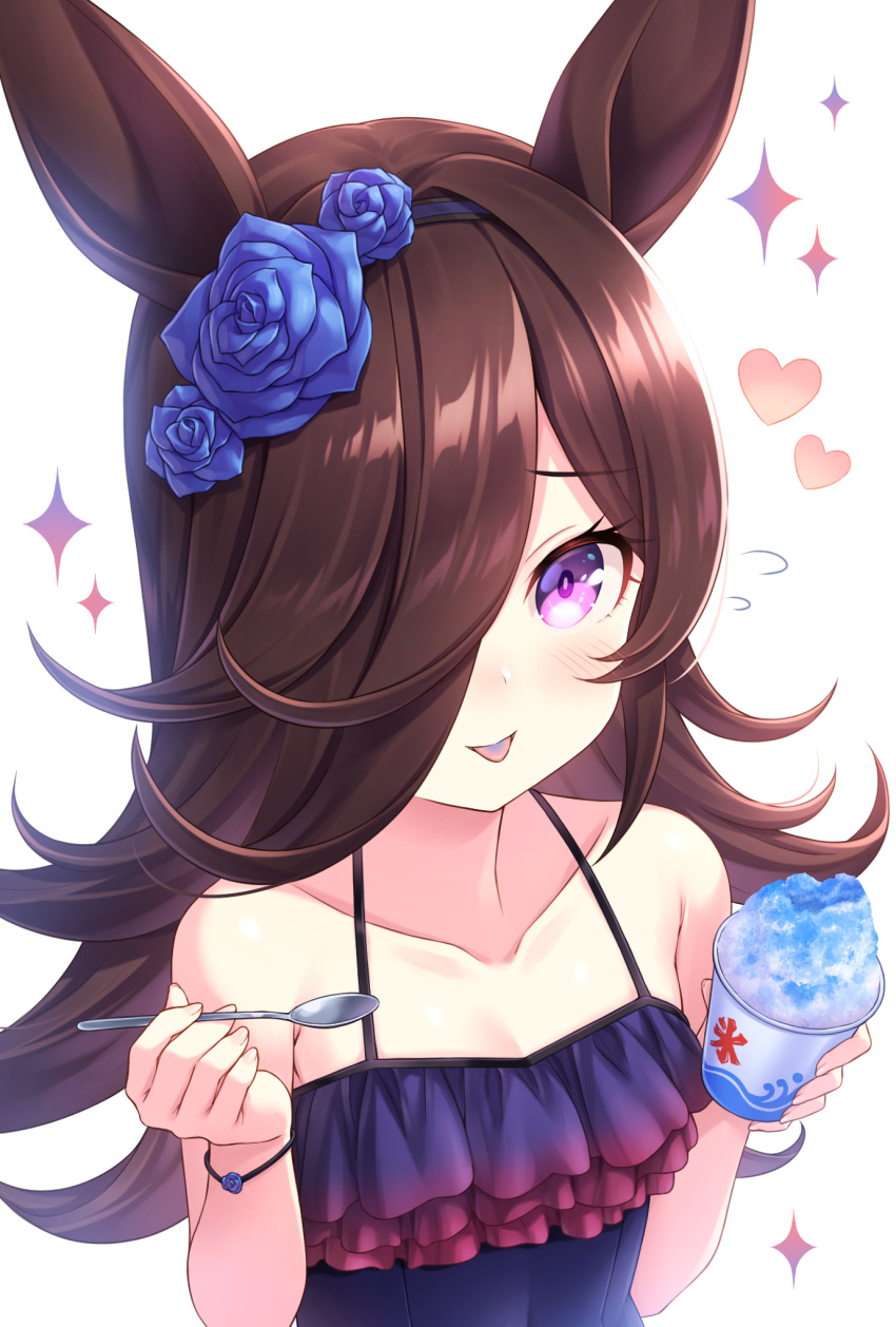 1girl animal_ears bangs bare_arms bare_shoulders black_swimsuit blue_flower blue_hairband blue_rose brown_hair casual_one-piece_swimsuit collarbone commentary_request cup disposable_cup eyebrows_visible_through_hair flower flying_sweatdrops frilled_swimsuit frills hair_flower hair_ornament hair_over_one_eye hairband hands_up heart highres holding holding_cup holding_spoon horse_ears looking_at_viewer one-piece_swimsuit rice_shower_(umamusume) rose shaved_ice solo sparkle spoon swimsuit tomo_(tmtm_mf_mf) umamusume upper_body violet_eyes