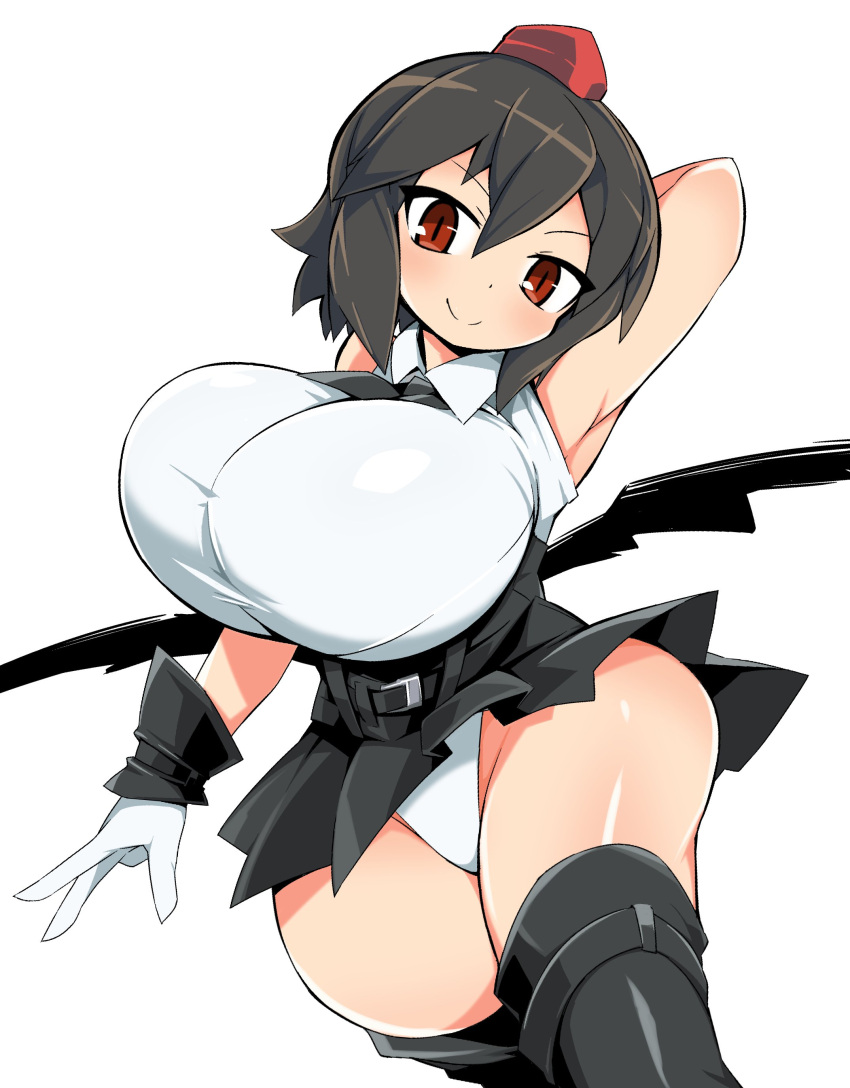 1girl absurdres bird_wings black_hair black_wings breasts gigantic_breasts gloves hat highres panties pantyshot red_eyes shameimaru_aya solo takagirock tokin_hat touhou underwear wings