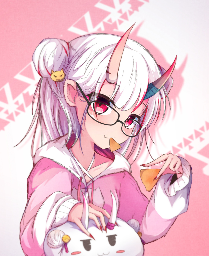 1girl bespectacled blurry blurry_background closed_mouth collarbone doritos eyebrows_visible_through_hair fingernails glasses highres hololive horns long_hair long_sleeves looking_at_viewer mouth_hold nakiri_ayame oni pink_background pink_sweater pink_theme poyoyo_(nakiri_ayame) red_eyes red_nails sharp_fingernails shen_li sweater virtual_youtuber