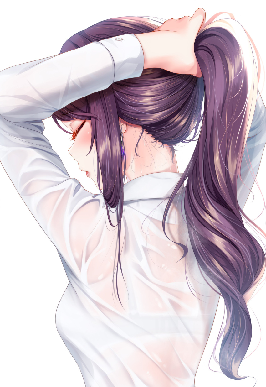 1girl absurdres arms_up back bra_through_clothes closed_eyes collared_shirt earrings from_behind gundou_mirei highres jewelry long_hair long_sleeves nape nijisanji ponytail purple_hair rai_(newtype_xm-x1) see-through shirt simple_background solo sweat sweatdrop sweating_profusely tying_hair white_background white_shirt