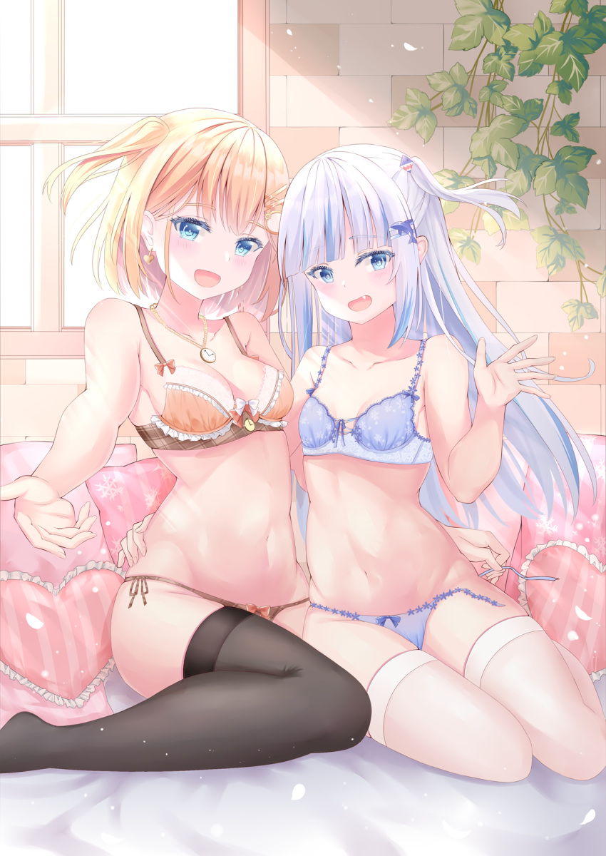 2girls bangs bare_shoulders black_legwear blonde_hair blue_bra blue_eyes blue_hair blue_panties bra branch breasts collarbone commentary earrings eyebrows_visible_through_hair fang gawr_gura hair_ornament haruki_3679 heart heart_pillow highres hololive hololive_english indoors jewelry leaf long_hair looking_at_viewer medium_breasts monocle_hair_ornament multiple_girls navel necklace open_mouth panties pillow side-tie_panties small_breasts thigh-highs underwear underwear_only virtual_youtuber watson_amelia white_legwear window