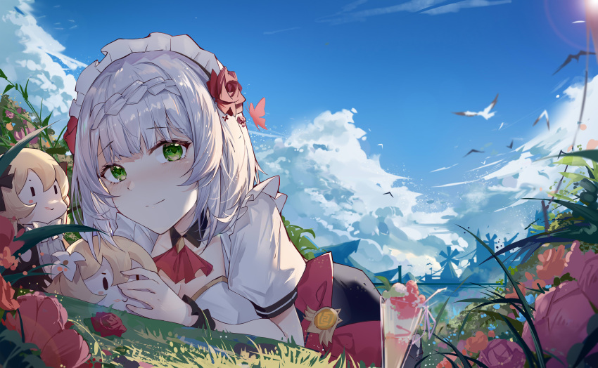 1girl absurdres ascot bangs blue_flower blue_sky blush braid breasts bug butterfly character_doll chinese_commentary closed_mouth clouds commentary_request day detached_collar doll eyebrows_visible_through_hair field flower flower_field genshin_impact grass green_eyes hair_flower hair_ornament highres holding holding_doll insect looking_at_viewer lumine_(genshin_impact) lying maid_headdress medium_hair noelle_(genshin_impact) on_stomach open_mouth puffy_short_sleeves puffy_sleeves red_butterfly red_flower red_neckwear red_rose rose short_sleeves silver_hair sky smile solo vision_(genshin_impact) white_flower wrist_cuffs yajuu