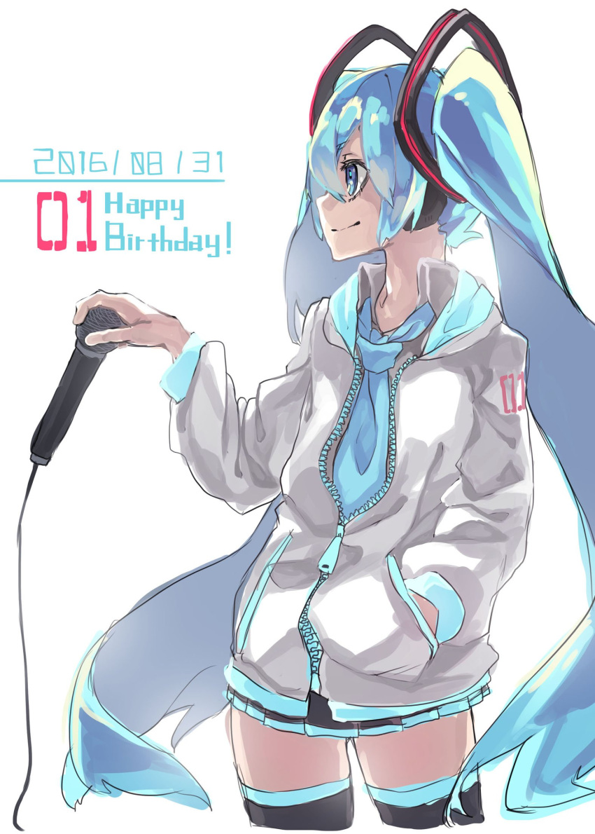 1girl black_legwear blue_eyes blue_hair blue_neckwear closed_mouth cowboy_shot cropped_legs dated grey_hoodie hand_in_pocket happy_birthday hatsune_miku highres holding holding_microphone hood hood_down hoodie long_hair long_sleeves microphone miniskirt necktie pleated_skirt profile reiga_(act000) simple_background skirt smile solo standing thigh-highs twintails very_long_hair vocaloid white_background zettai_ryouiki