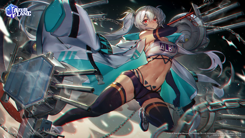 1girl alabama_(azur_lane) azur_lane bikini bikini_top black_footwear black_gloves black_legwear body_markings breasts chain character_name chromatic_aberration clothes_writing coat coat_on_shoulders dark-skinned_female dark_skin elbow_gloves facial_mark full_body gloves highres holding holding_weapon large_breasts long_coat long_hair looking_at_viewer mebaru midriff navel open_clothes open_coat pubic_tattoo red_eyes rigging scythe shoes short_shorts shorts skindentation sneakers solo swimsuit tattoo thigh-highs turret twintails very_long_hair weapon whisker_markings white_coat white_hair