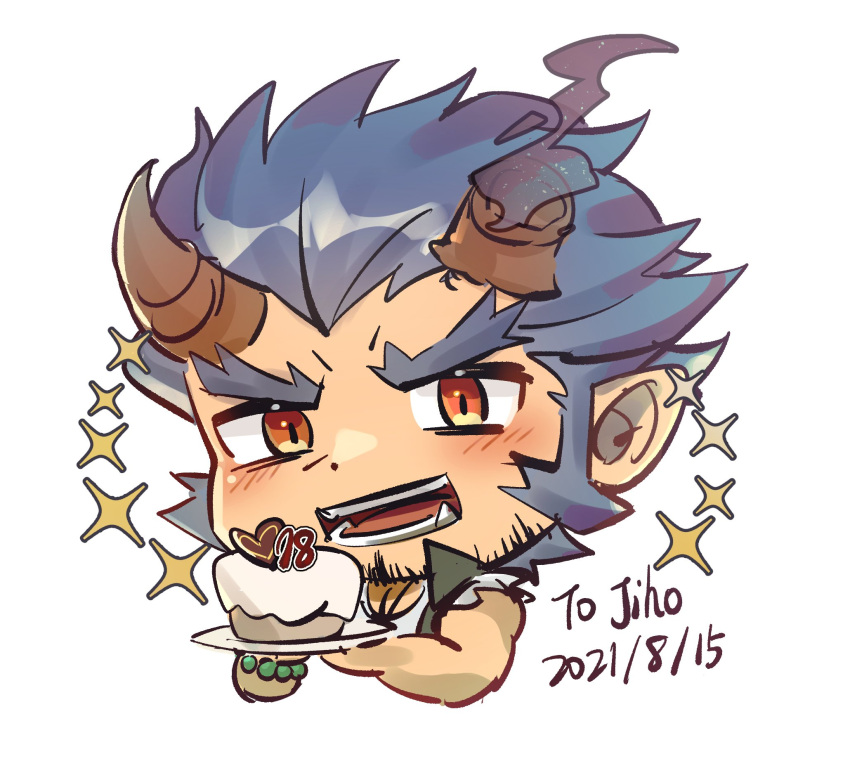 1boy blush broken_horn cake chibi cropped_torso dark_blue_hair dated demon_boy demon_horns fang fiery_horns food happy_birthday highres holding holding_cake holding_food horns ina_zuma long_sideburns looking_at_viewer male_focus short_hair sideburns smile solo sparkle takemaru_(tokyo_houkago_summoners) thick_eyebrows tokyo_houkago_summoners