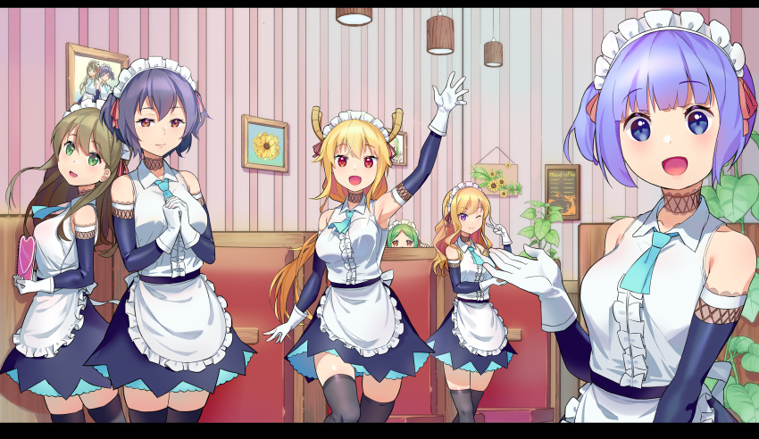 6+girls absurdres apron bangs bh_zhu_baihe_hua black_legwear blonde_hair blue_eyes blue_hair brown_hair couch dragon_girl dragon_horns elbow_gloves eyebrows_behind_hair eyebrows_visible_through_hair gloves green_eyes hair_ribbon highres horns kobayashi-san_chi_no_maidragon lamp long_hair looking_at_viewer maid maid_apron maid_cafe maid_headdress multiple_girls open_mouth photo_(object) purple_hair red_eyes ribbon shirt short_hair skirt sleeveless sleeveless_shirt smile thigh-highs tohru_(maidragon) victory_pose violet_eyes waitress wallpaper white_gloves yellow_eyes